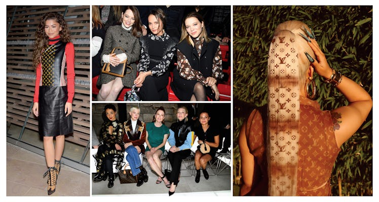 A four-part collage: Zendaya, Emma Stone, Alicia Vikander, Léa Seydoux and Cardi B's ponytail