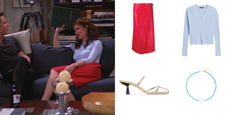 Collage of a Simon Miller skirt, a Banana Republic sweater, By Far sandals, and a Joie DiGiovanni ne...