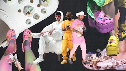 Collage by Maridelis Morales Rosado of various styles of Crocs and Bad Bunny, Justin Bieber, and Pos...
