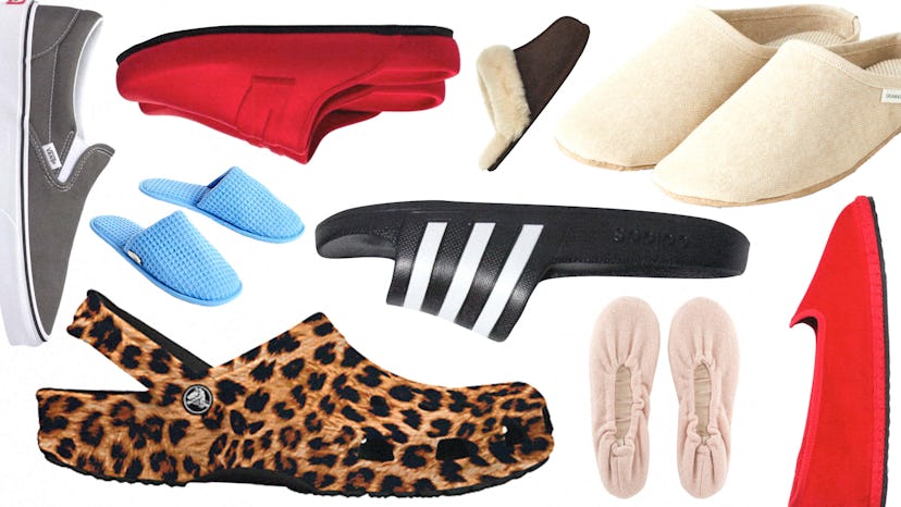 A collage of chic and cozy slippers, sandals, and house shoes in various colors 