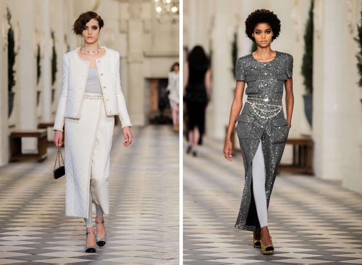 A two-part collage with models wearing a white skirt suit and a grey dress at Chanel’s Métiers d’Art...