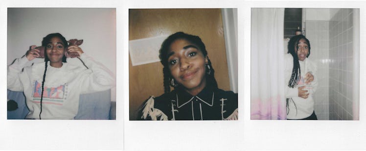 Polaroids of Ayo Edebiri wearing various outfits around her home