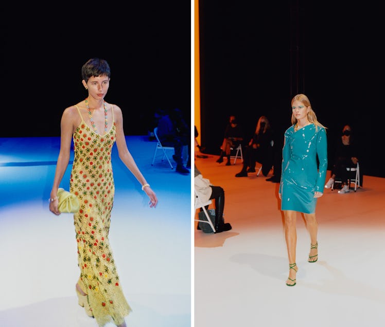 A model wearing a yellow dress and a model wearing a blue dress Bottega Veneta Spring 2021