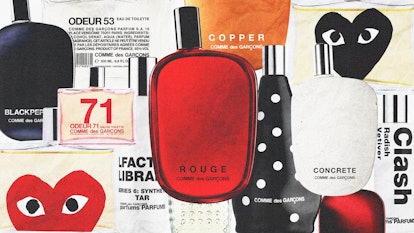 A collage of  Comme des Garçons scents