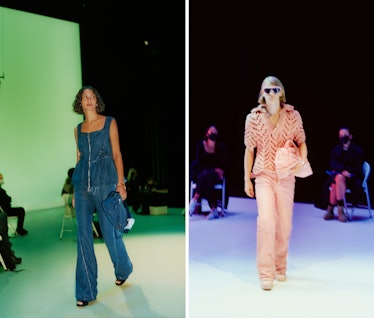 A model wearing a blue denim jumpsuit and a model wearing a peach suit Bottega Veneta Spring 2021