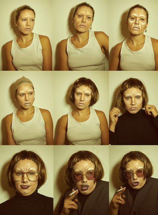 Collage of the process of a woman turning from a middle-aged lady in a white shirt to an old lady in...