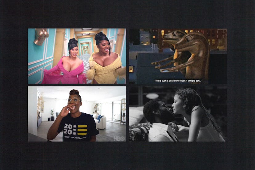 A collage of scenes from movies and music videos from 2020