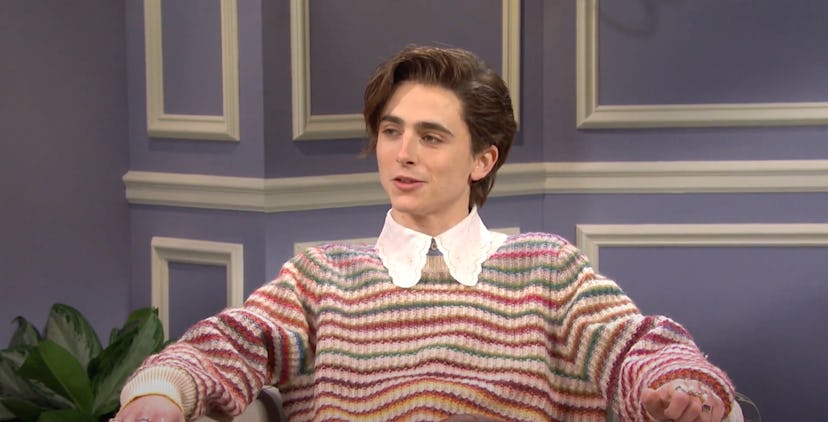 Timothée Chalamet dressed as Harry Styles.