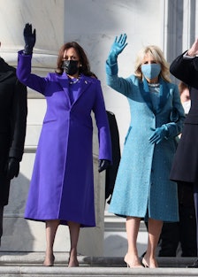 Douglas Emhoff, Kamala Harris, Jill Biden and Joe Biden, standing and waving with face masks