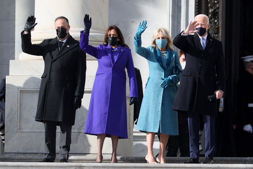 Douglas Emhoff, Kamala Harris, Jill Biden and Joe Biden, standing and waving with face masks