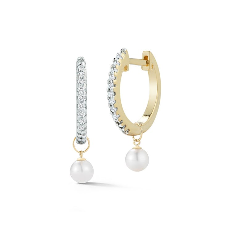 Gold and diamond earrings from Mateo with pearls hanging from the bottom 
