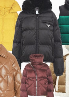 A collage of puffer jackets in different sizes and colors along with one puffer vest