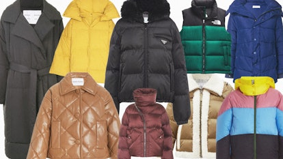 A collage of puffer jackets in different sizes and colors along with one puffer vest