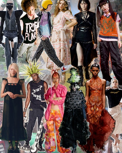 A collage of looks from fashion brands taking cues from clowncore, twee, and indie sleaze communitie...