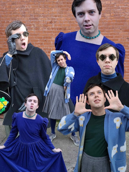 A multi-part collage of Cole Escola in various blue, grey, and black outfits