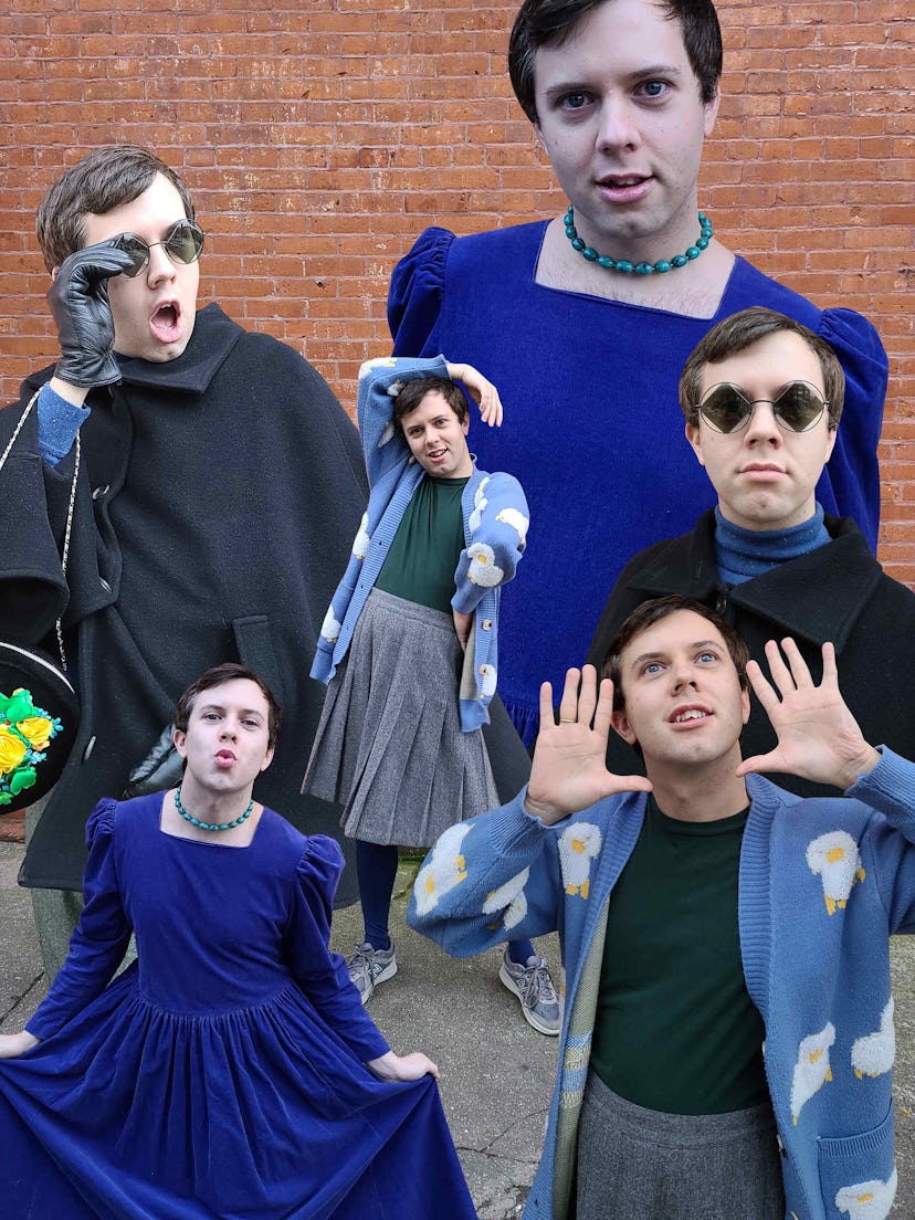 A multi-part collage of Cole Escola in various blue, grey, and black outfits