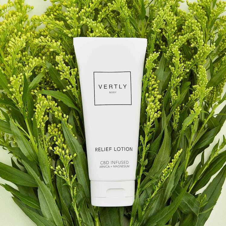 A Vertly Balm Relief Lotion in white packaging with a simple black font 