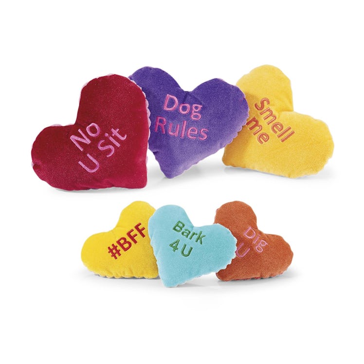 Hugglehounds Heart Tuffut Toys in red, purple. blue, orange and yellow 