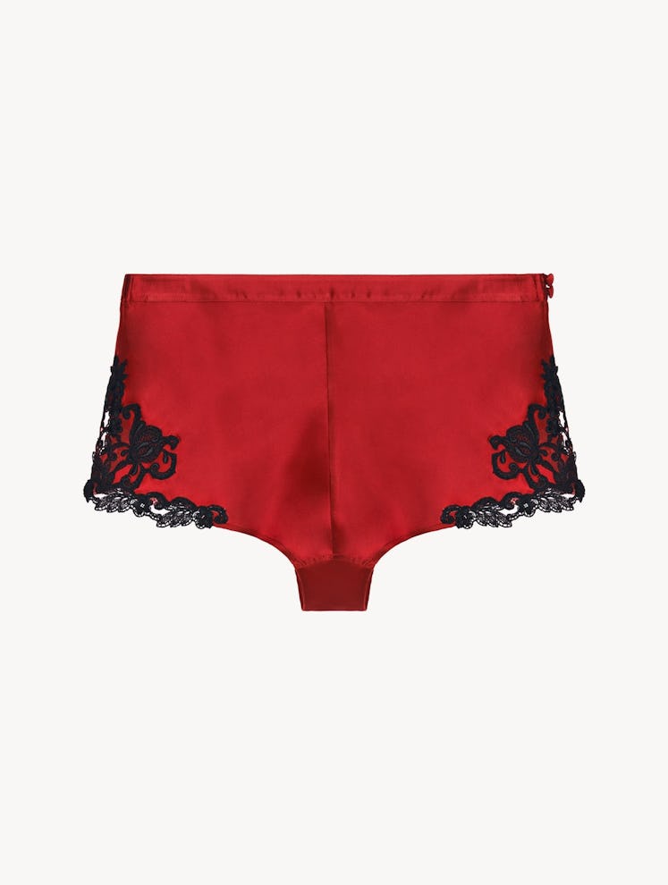 Silk red La Perla Boy Shorts with black lace detailing on the sides 