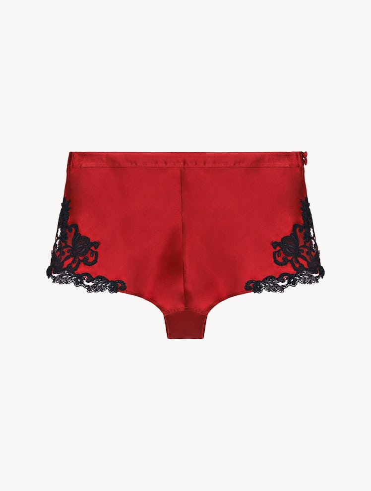 Silk red La Perla Boy Shorts with black lace detailing on the sides 