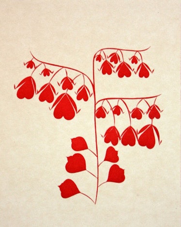 A Clare Rojas Bleeding Hearts Print with red hearts hanging from branches 
