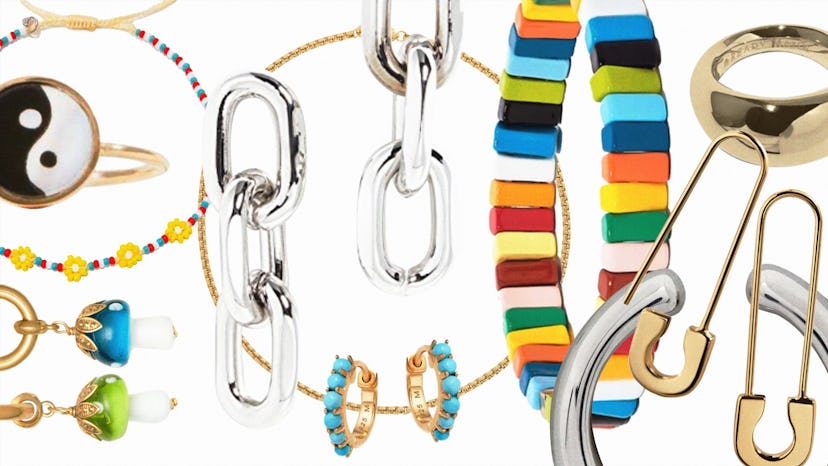 A collage of jewelry under $100 including necklaces, earrings, and rings