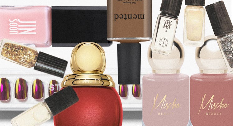 A collage with various bottles of nail polish in different colors for Valentine's Day