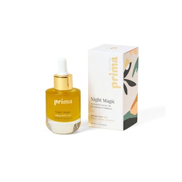 Prima Night Magic 300mg CBD Intensive Face Oil on an orange background and its packaging  
