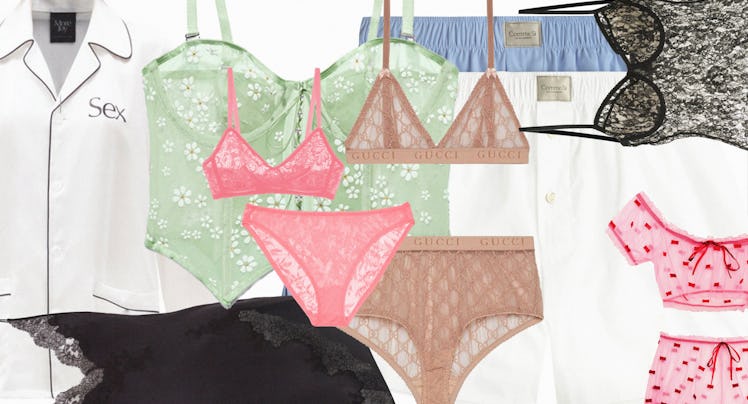 A collage with the chicest lingerie and loungewear for a Valentine's Day spent at home in various co...