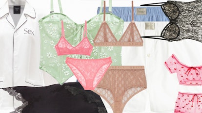 A collage with the chicest lingerie and loungewear for a Valentine's Day spent at home in various co...