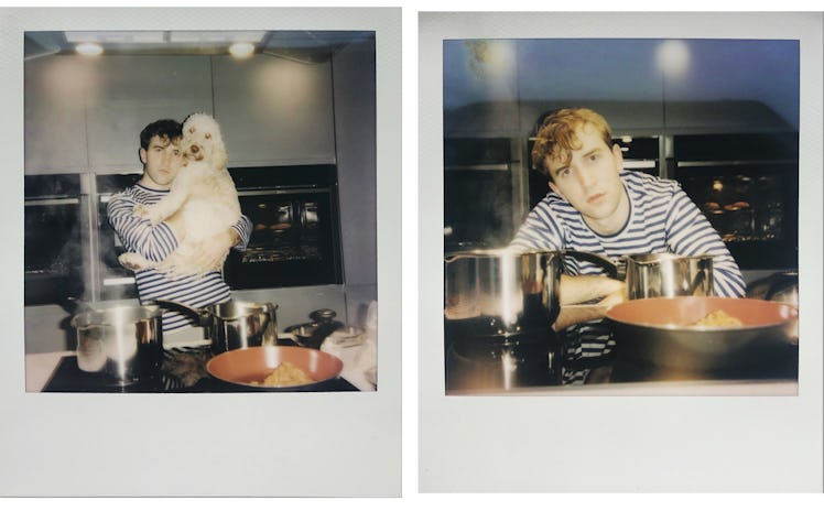 Side by side polaroids of Callum Scott in his kitchen with his dog and leaning against his kitchen i...