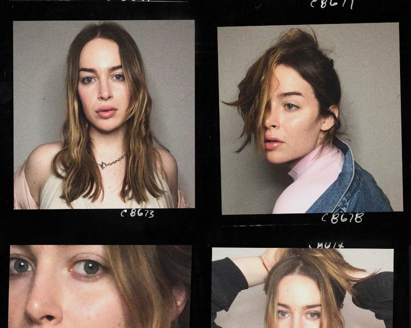 A four-part collage with portrait of Harron Walker in various poses