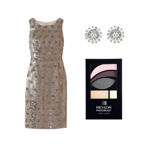 A brown sequin dress, Revlon Photoready shadow + sparkle, and crystal earrings