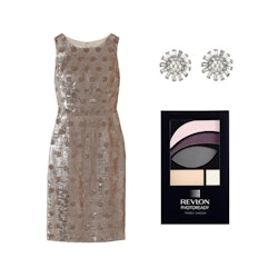 A brown sequin dress, Revlon Photoready shadow + sparkle, and crystal earrings