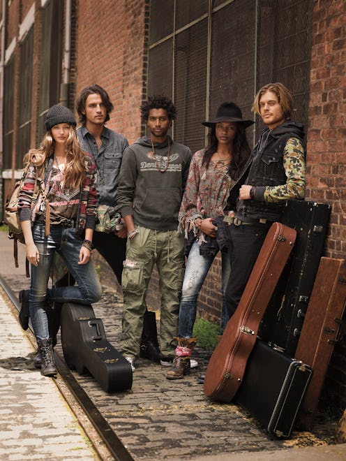 Three men and two women with guitars in outfits from the Denim & Supply look book editorial
