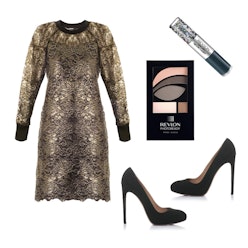 A collage of a metallic sheer dress, suede pumps, Revlon PhotoReady shadow and the Revlon Nail Art M...