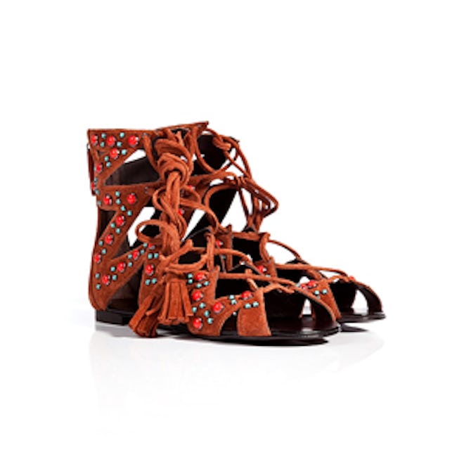 Suede Embellished Lace-Up Gladiator Sandals