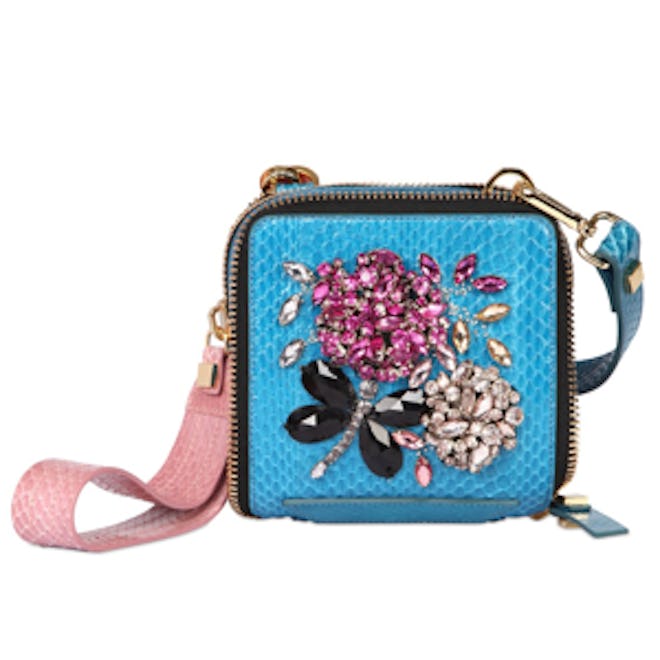 Embroidered Snakeskin and Leather Bag in Blue