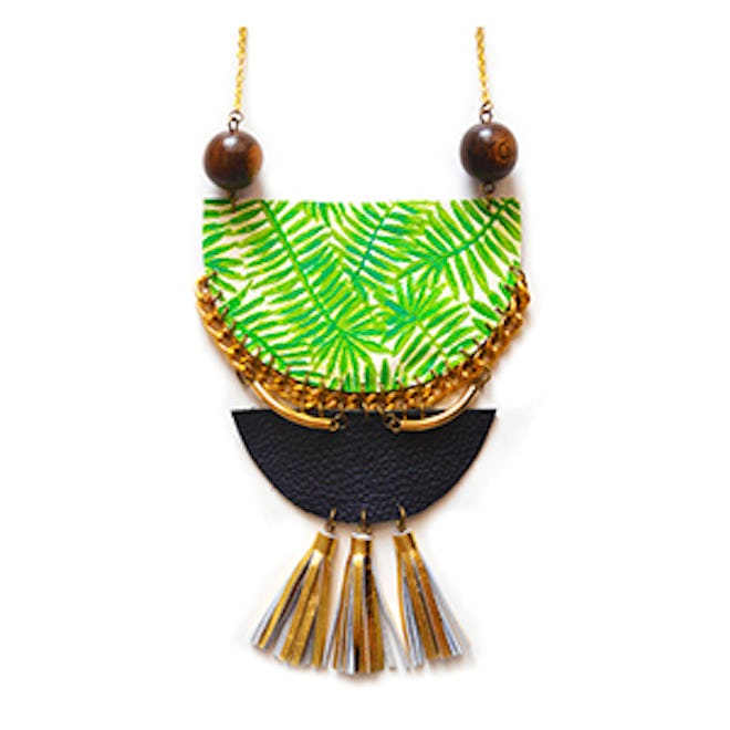 Palm Tree Wood and Brass Geometric Crescent Necklace