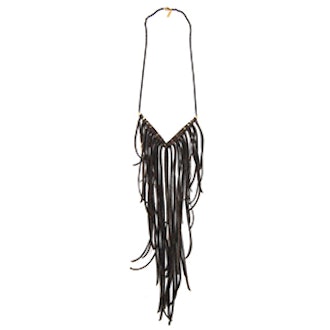 Brass Quill V Leather Fringe Necklace