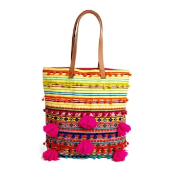 Woven Shopper Bag with Beads and Pom Poms