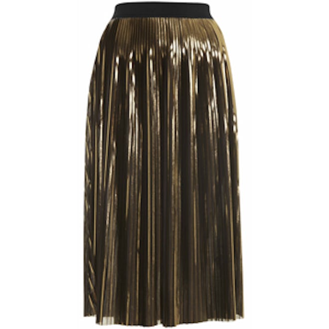 Gold Foil Pleated Midi Skirt