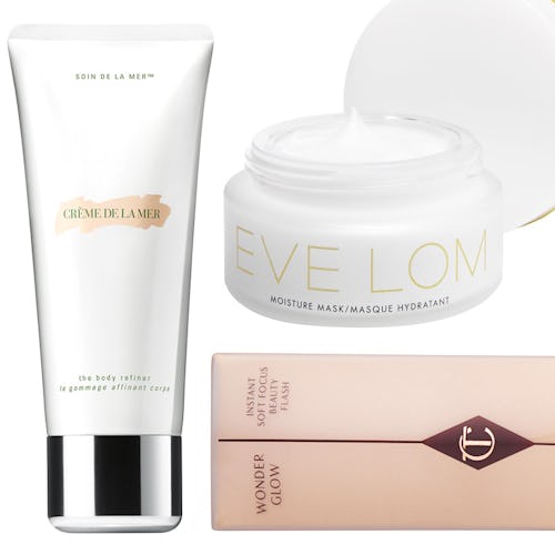 Wonderglow by Charlotte Tillbury, Moisture Mask by Eve Lom, and The Body Refiner by La Mer