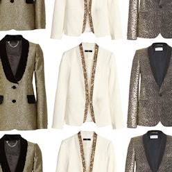 A velvet trimmed metallic jacquard blazer, a white sequined trim jacket and a leopard print lamé bla...