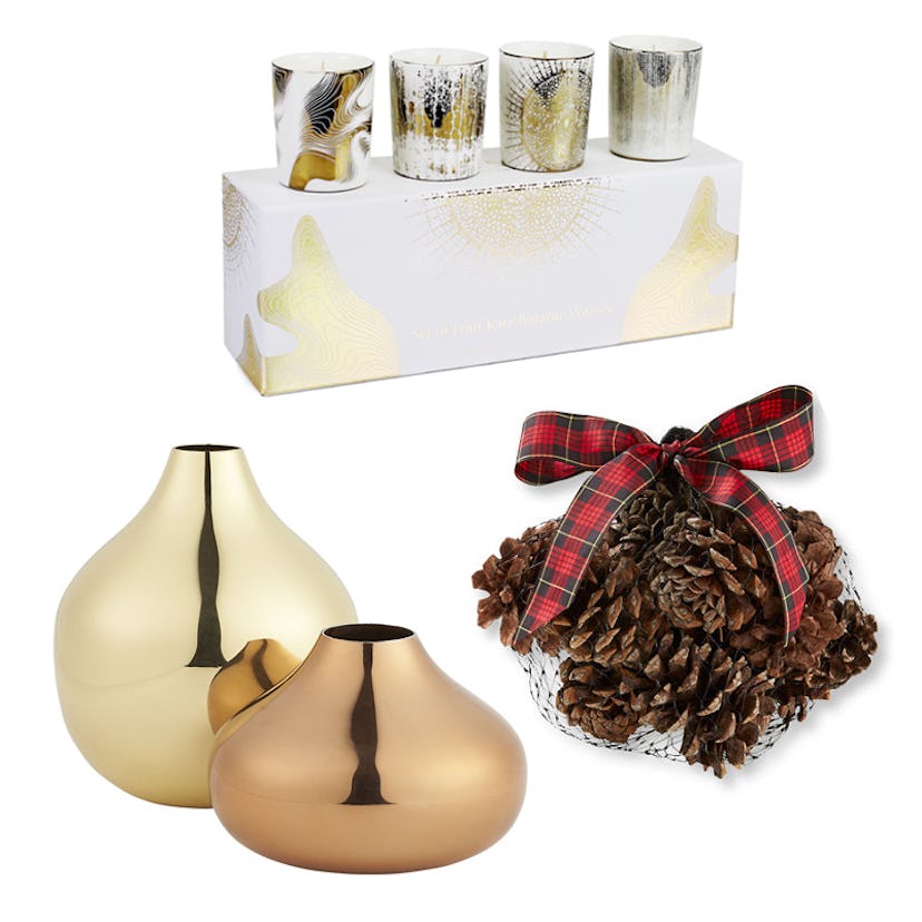 Party Host Essentials: Votive candles, tiny bud vases, and a bunch of pinecones in a bag with a ging...