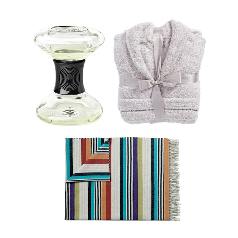 Party Host Essentials: Karlos throw, cozy-chic robe, and Figuier hourglass diffuser