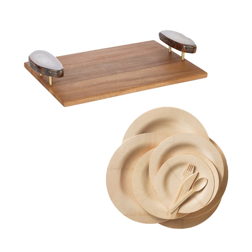 Party Host Essentials: disposable bamboo serving plates and utensils, a wooden cheese tray