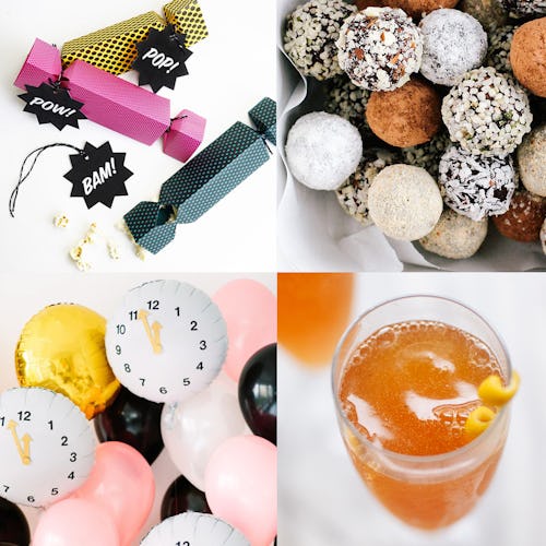 A collage of countdown balloons, champagne cocktails, truffles and party poppers for an NYE party