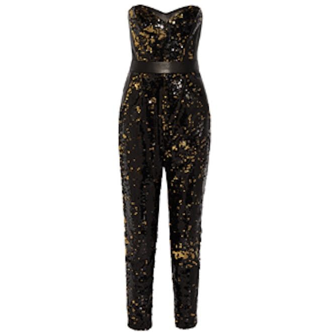 Leather Trimmed Sequin Jumpsuit