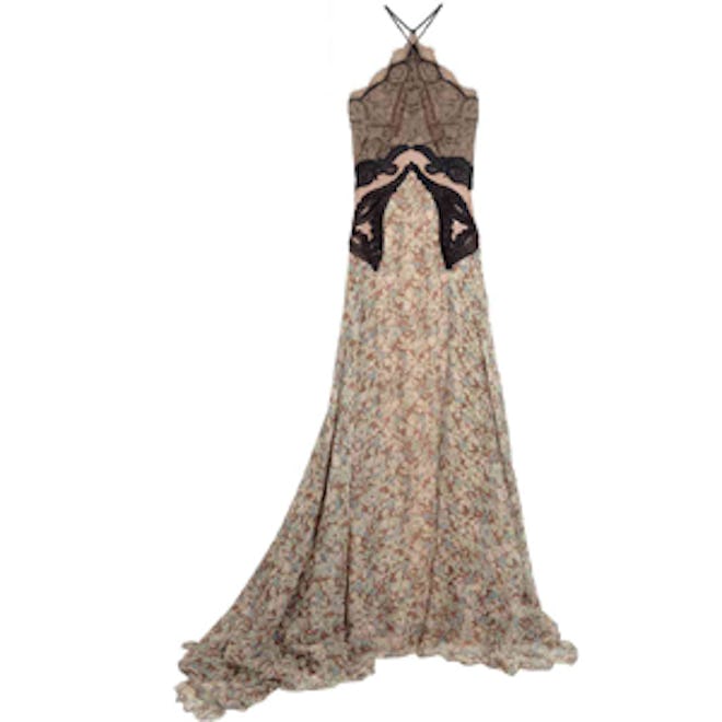 Green Carpet Challenge Lace And Floral Print Silk Gown